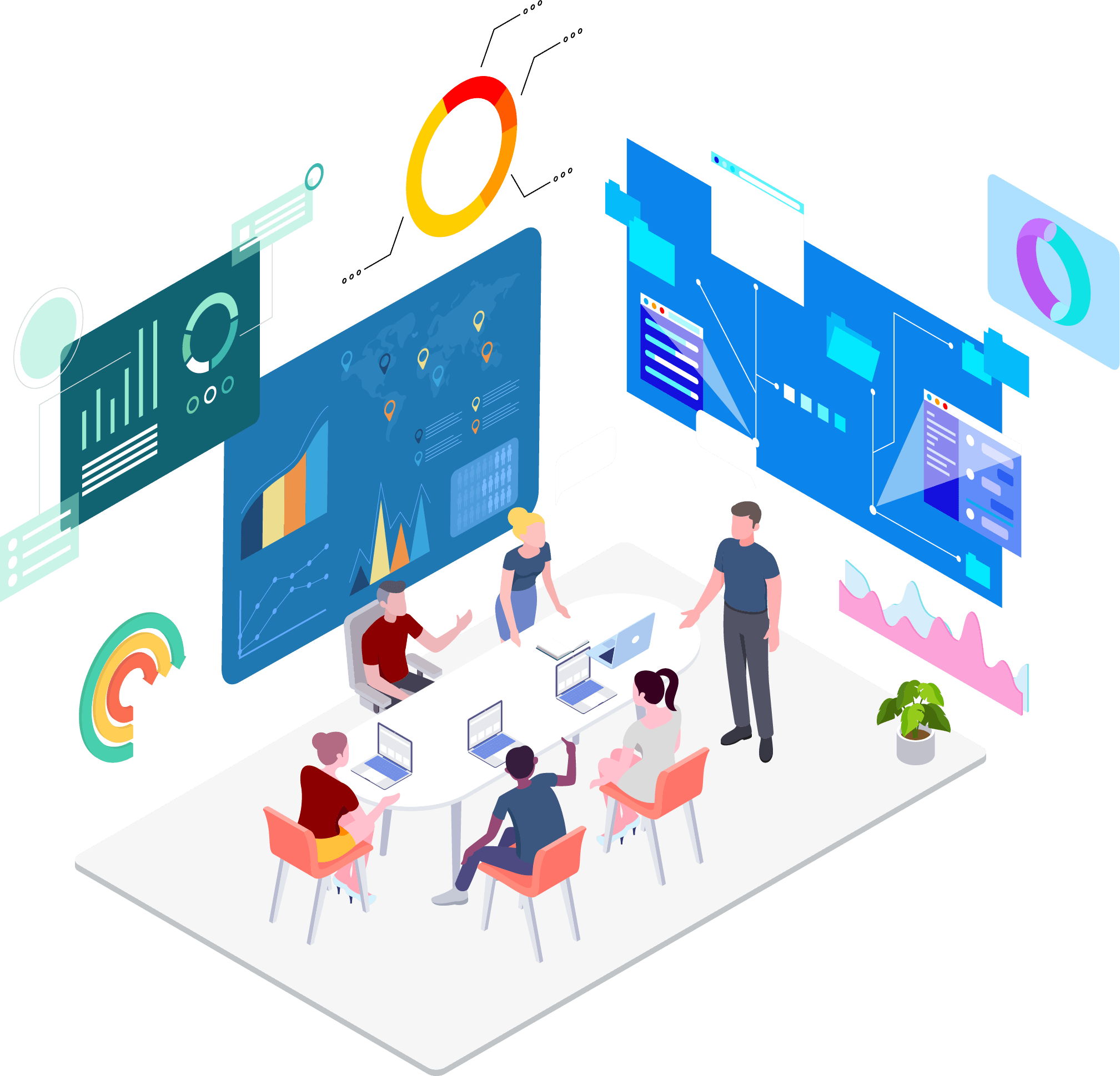 a team working together around a table surrounded by charts