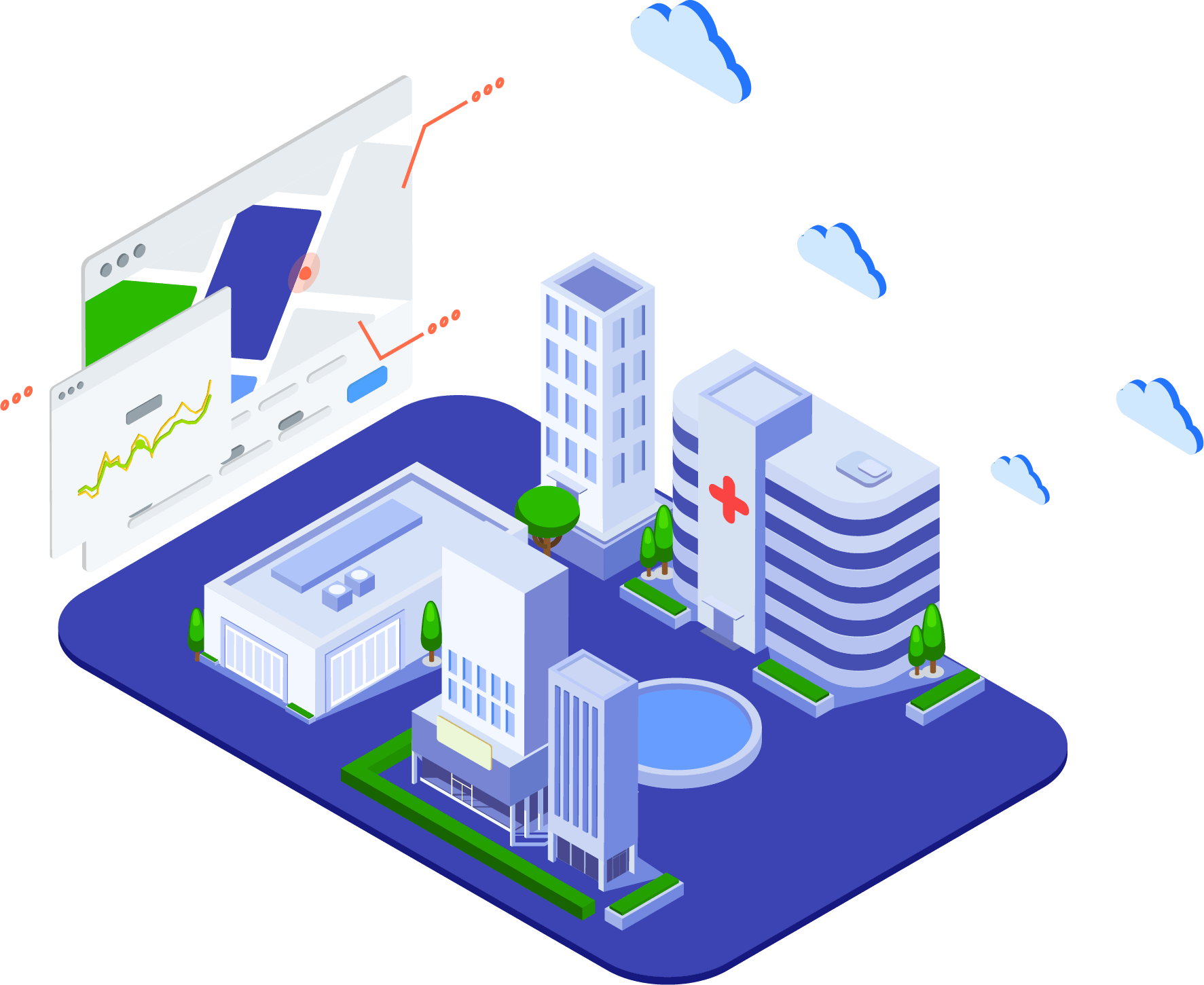 isometric view of a city, a map and a chart