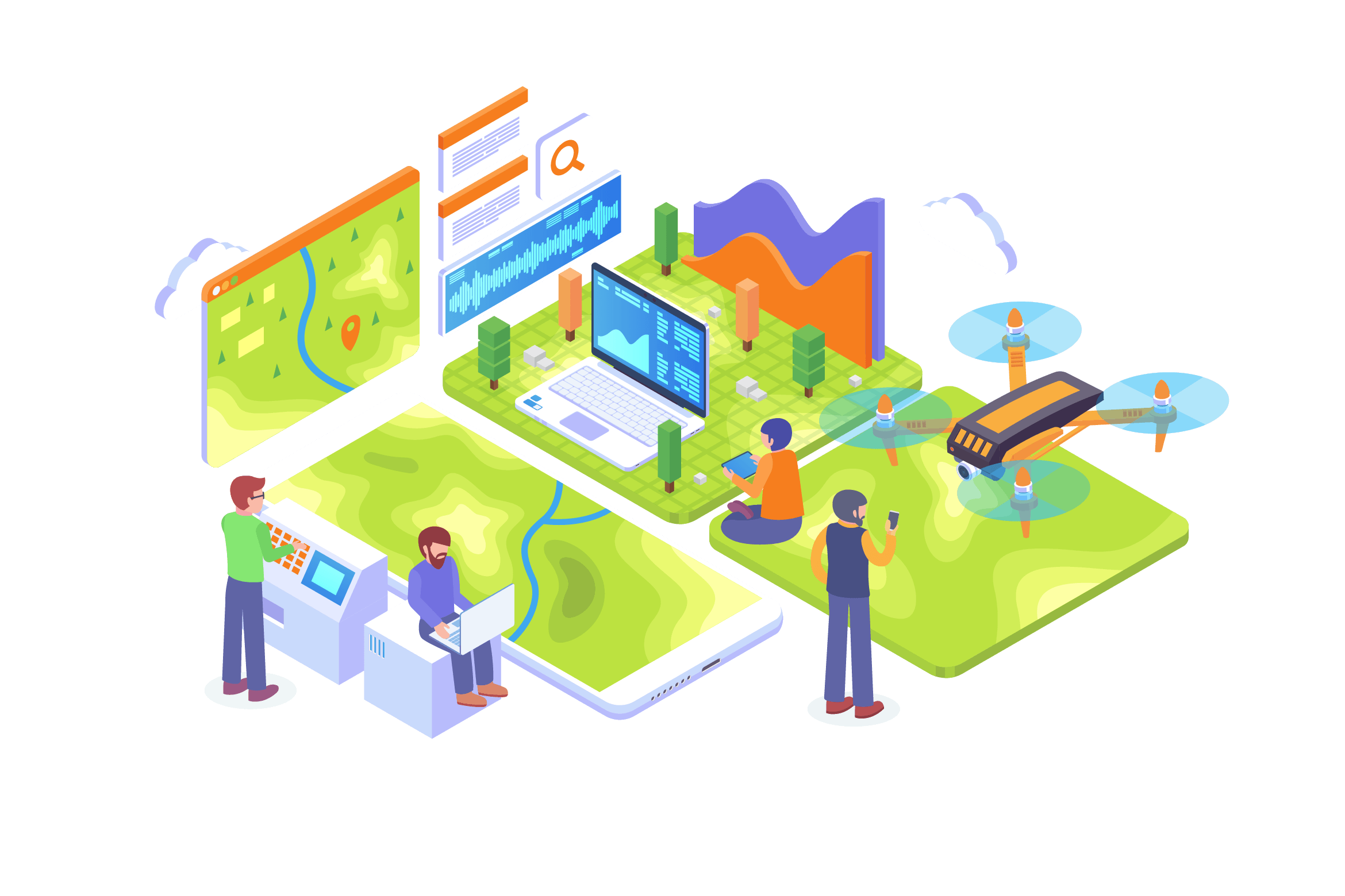 people collaborating with maps and data